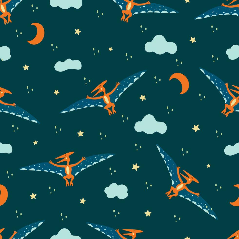 Seamless pattern Pterosaur. Flying archosaurus. Vector hand drawn