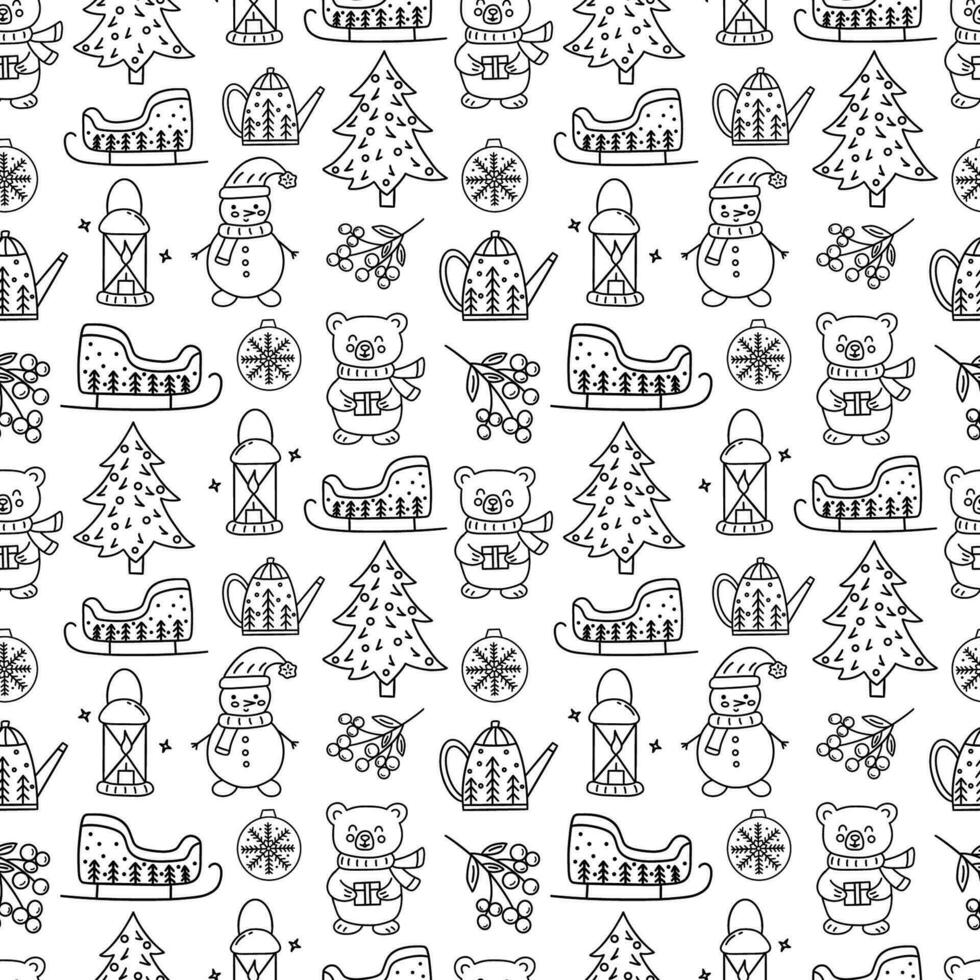 Seamless pattern. Christmas tree, lantern, snowman, sleigh. Vector