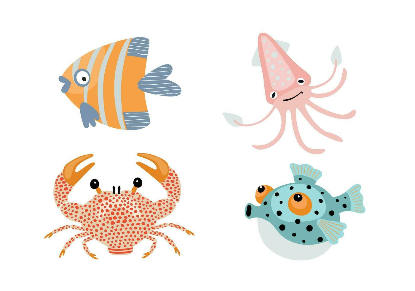 Set of underwater animals in cartoon style. vector