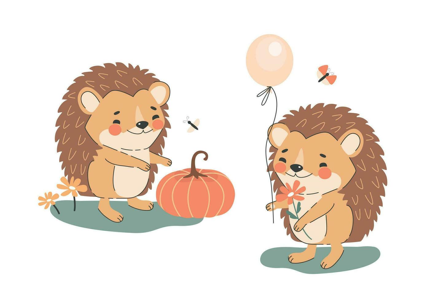 Cute hedgehog with balloon and pumpkins. Vector illustration.