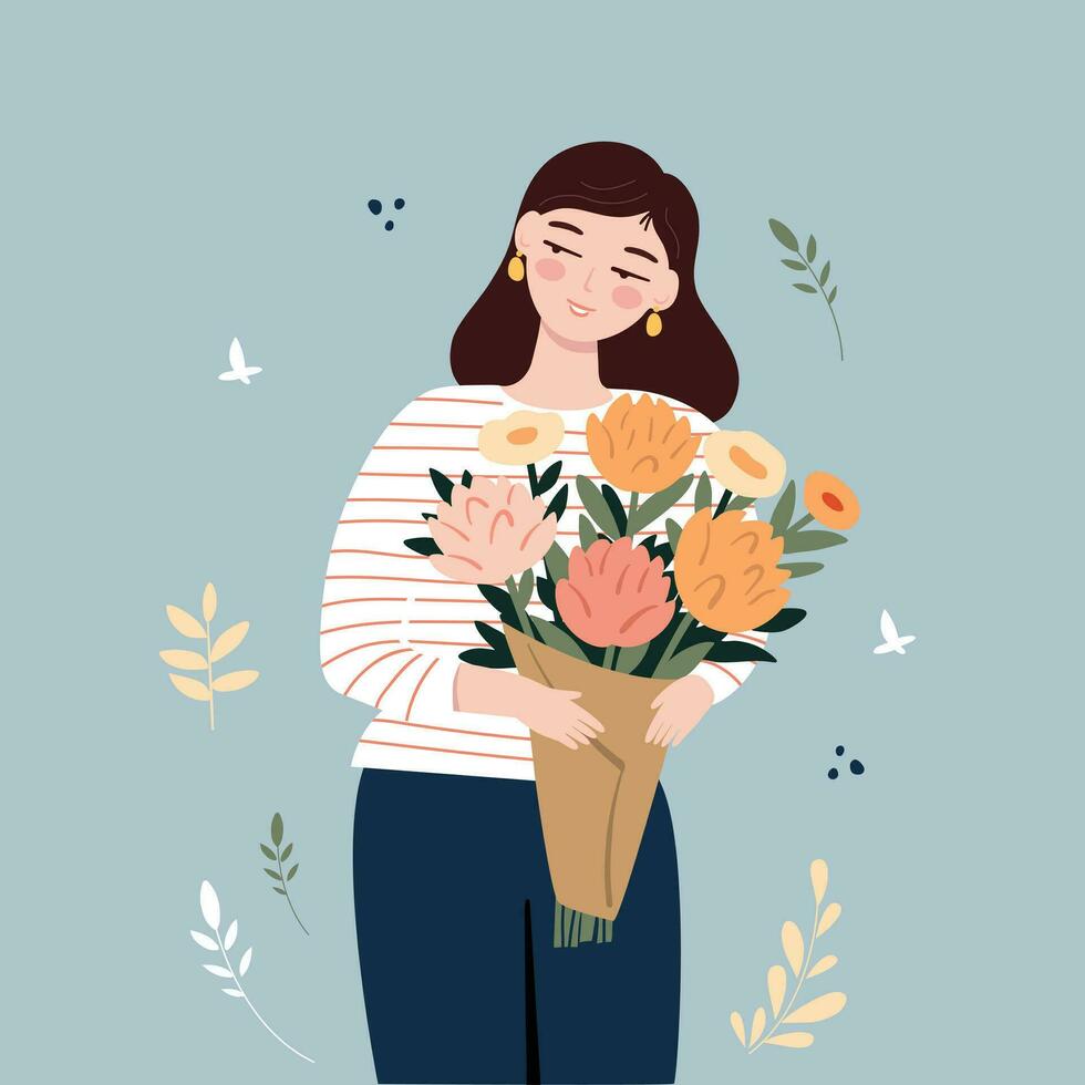 niña con un ramo de flores de flores en su manos. vector ilustración.