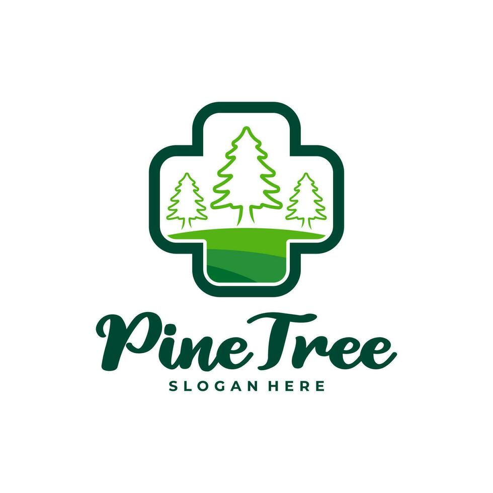 Pine Tree with Health Plus logo design vector. Creative Pine Tree logo concepts template vector