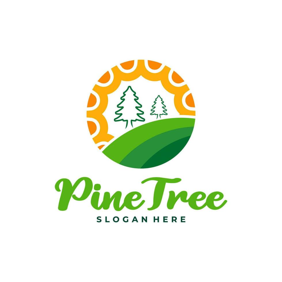 Pine Tree with Sun logo design vector. Creative Pine Tree logo concepts template vector