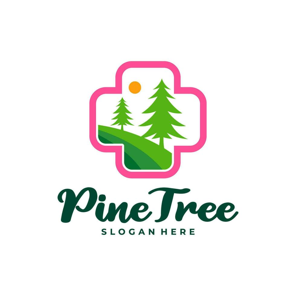 Pine Tree with Health Plus logo design vector. Creative Pine Tree logo concepts template vector