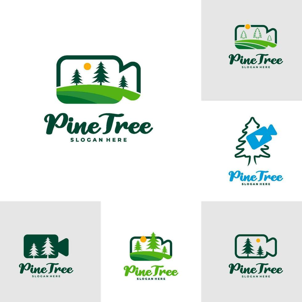 Set of Pine Tree with Camera logo design vector. Creative Pine Tree logo concepts template vector