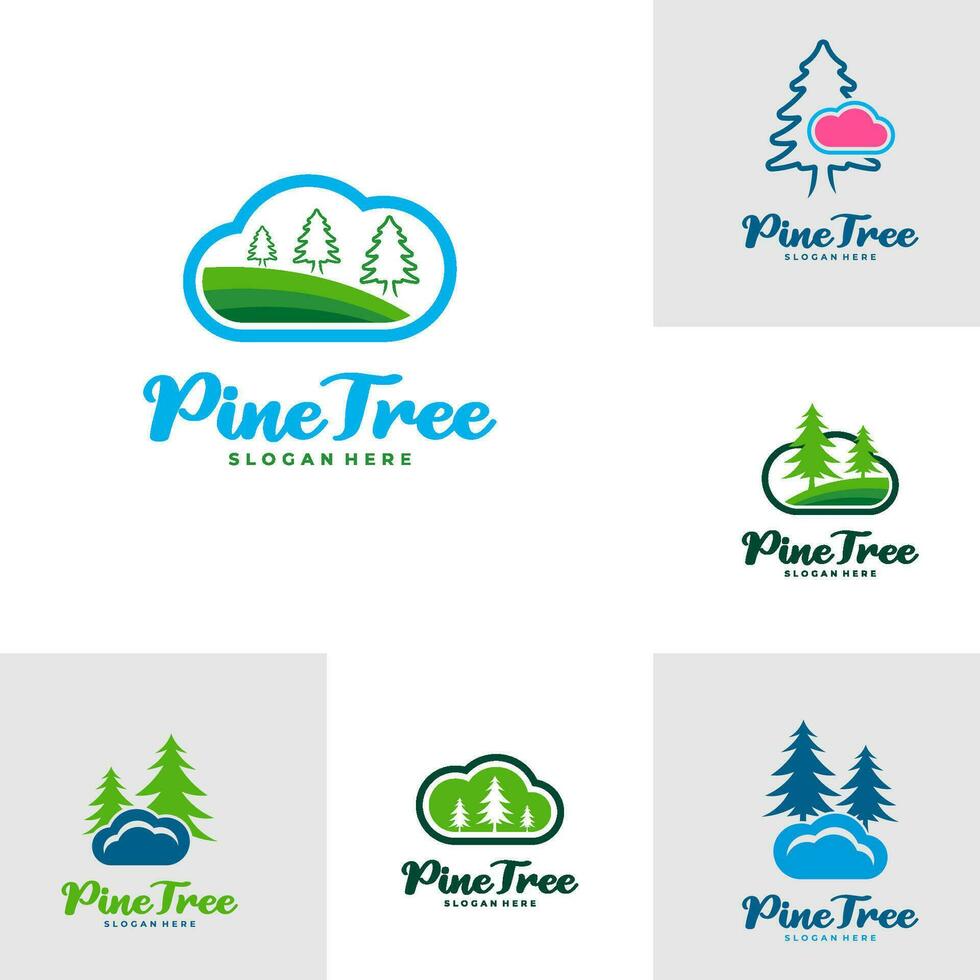 Set of Pine Tree with Cloud logo design vector. Creative Pine Tree logo concepts template vector