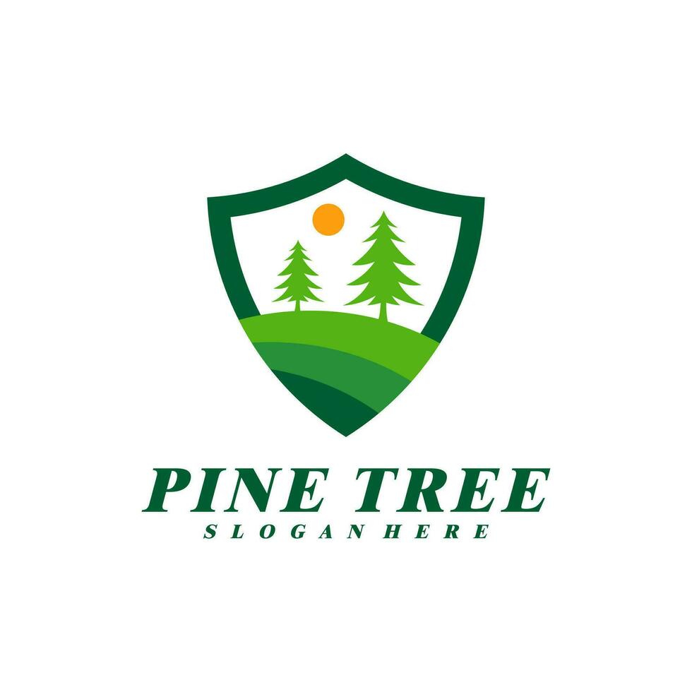 Pine Tree with Shield logo design vector. Creative Pine Tree logo concepts template vector