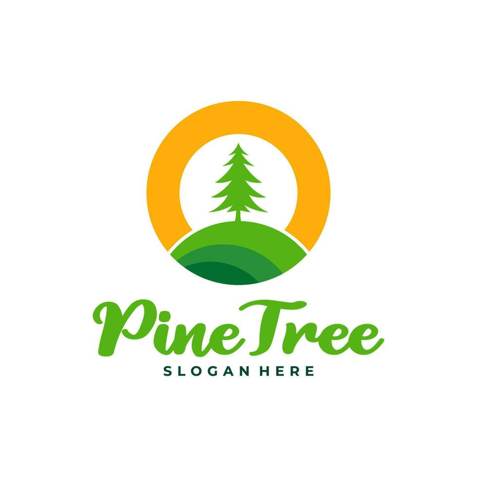 Pine Tree with Sun logo design vector. Creative Pine Tree logo concepts template vector