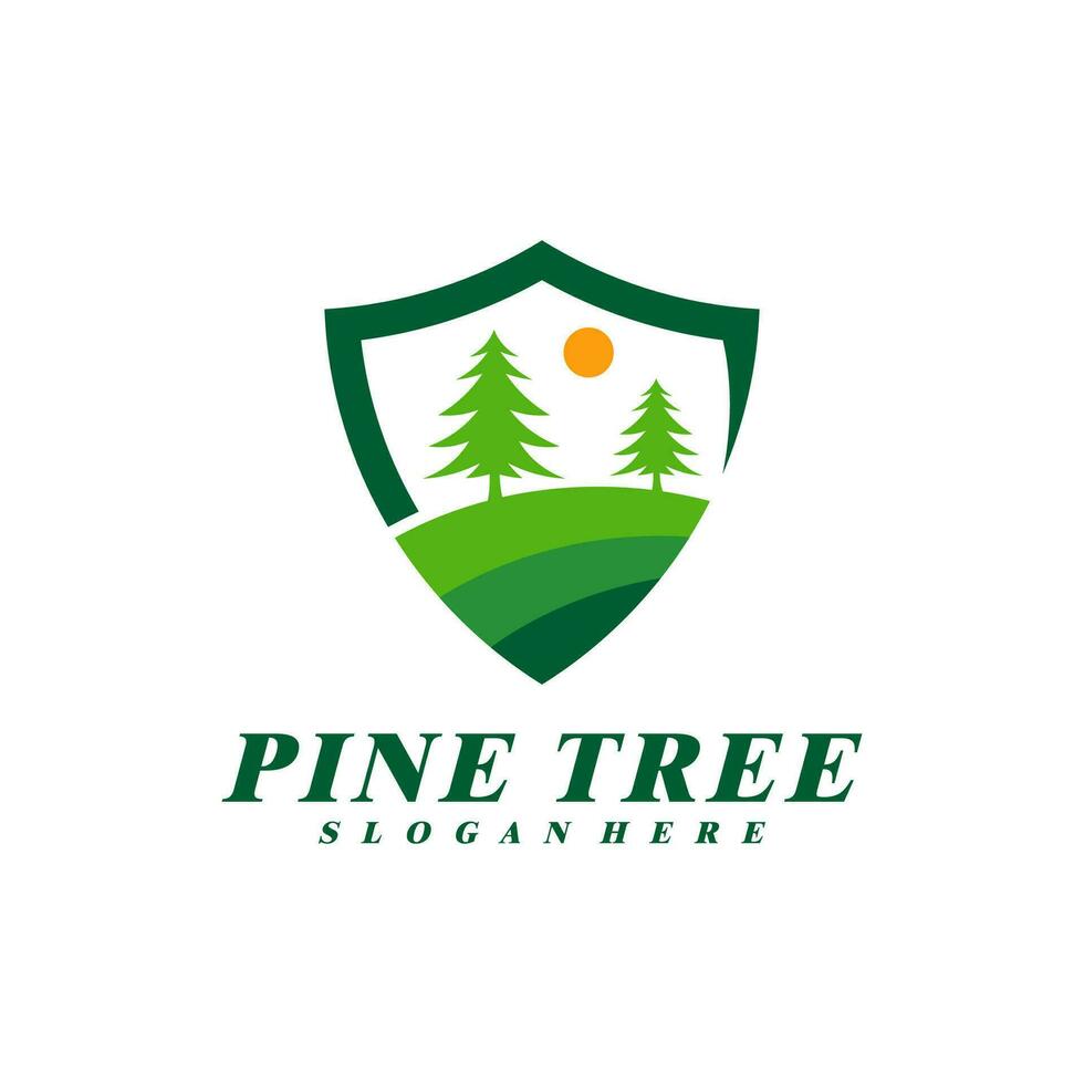 Pine Tree with Shield logo design vector. Creative Pine Tree logo concepts template vector