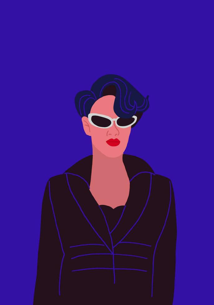 Secret agent woman, stylish woman with red lips in total black outfit. Strict woman with black hair. vector