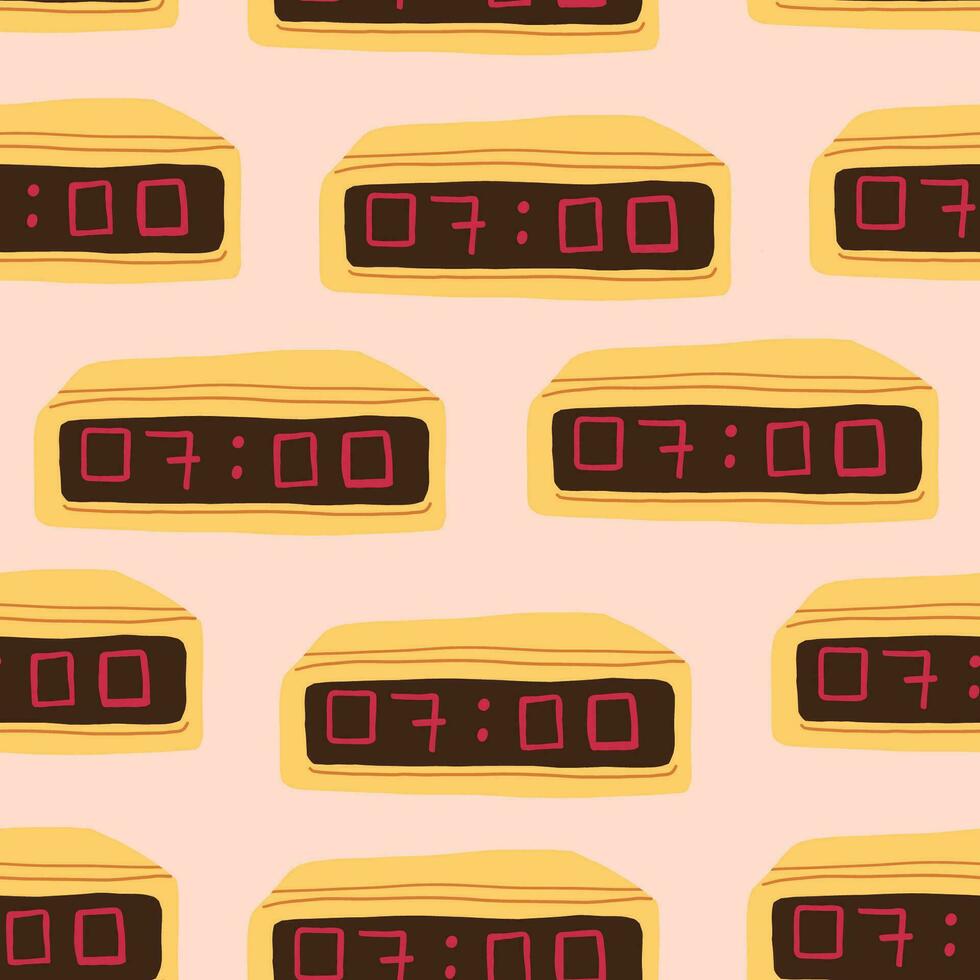 Vector seamless pattern with retro alarm clocks with numbers on beige background. Vintage clock