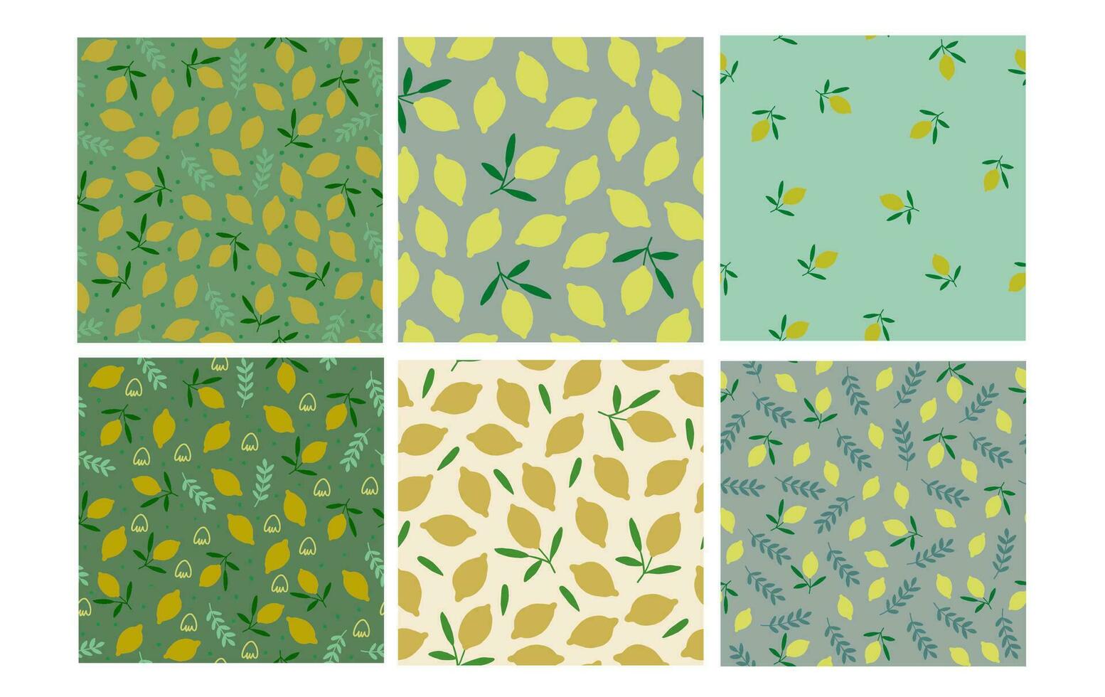 Vector set of seamless patterns with lemons, kitchen food pattern in green and beige colors. Juicy pattern