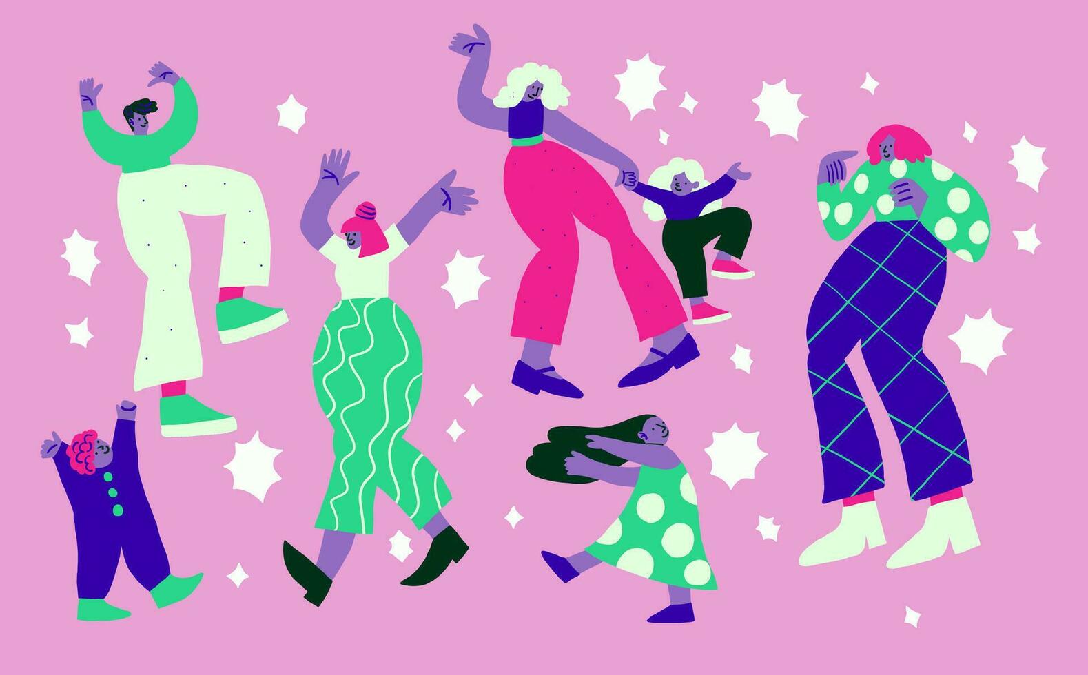 Vector illustration with dancing people with stars on violet background. Dancing people doodles. Happy family, party people