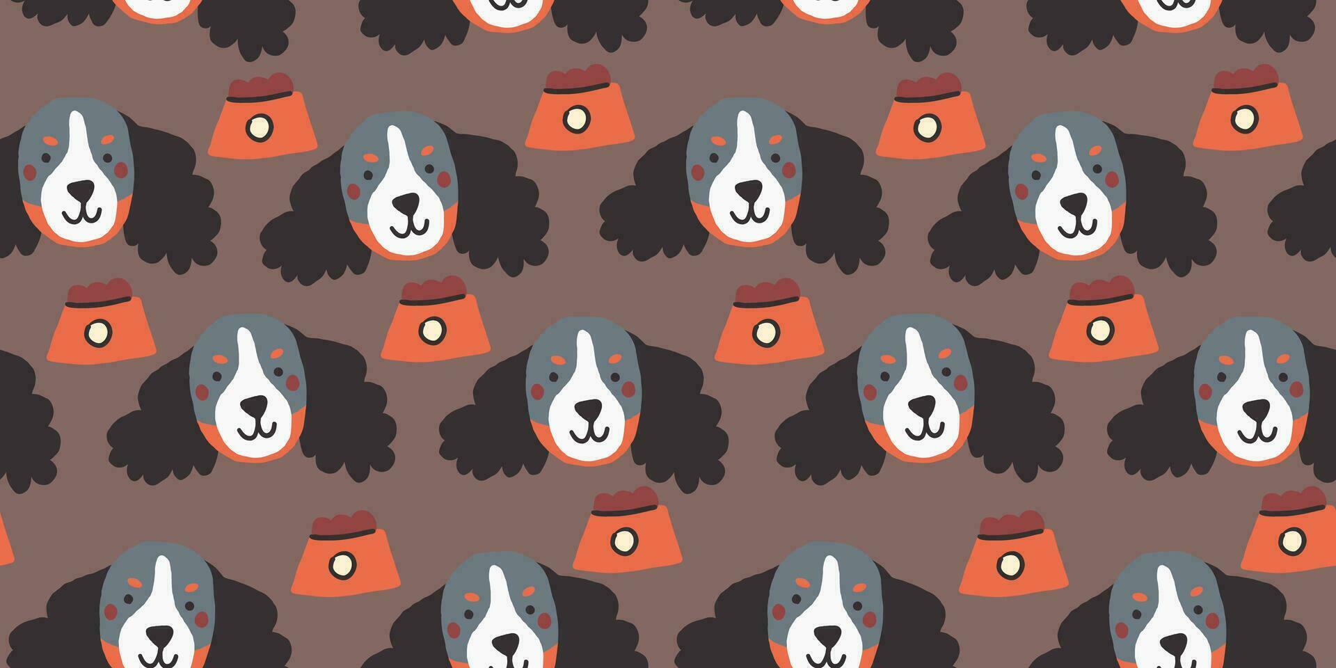 Vector seamless pattern with cute dog faces with food bowl. Dog pattern on brown background.
