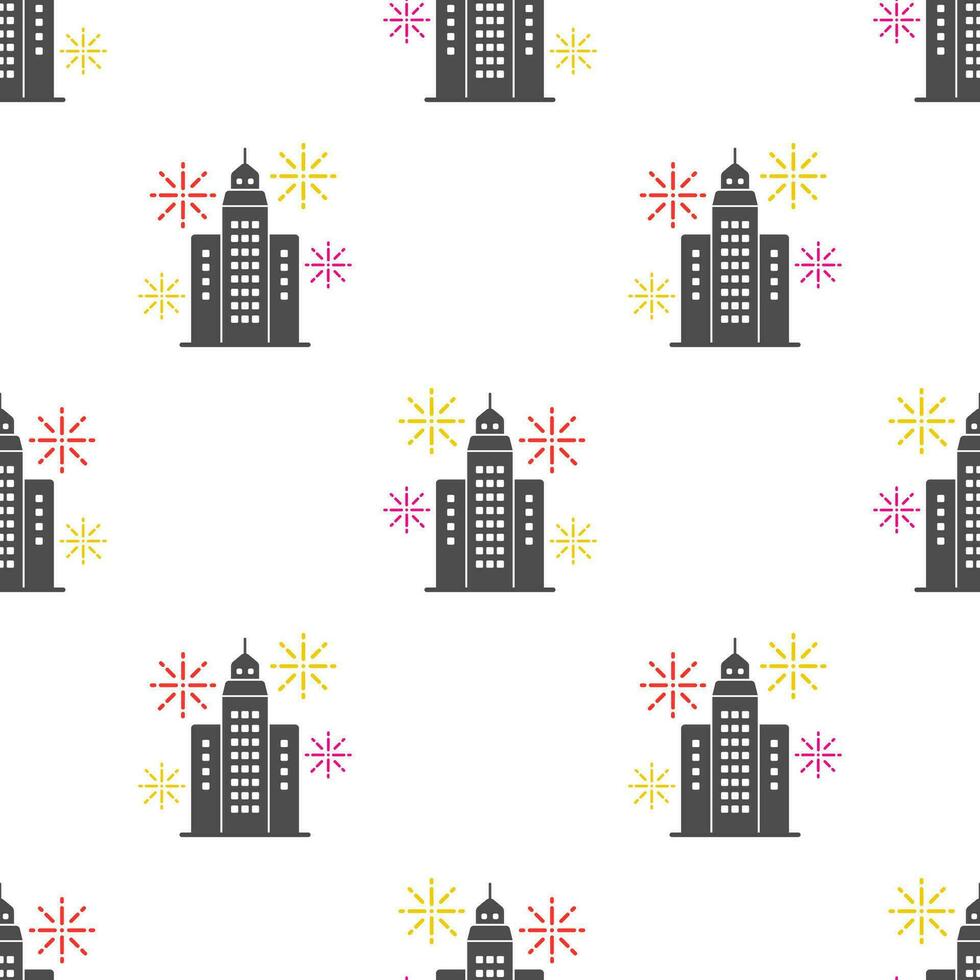 Building and fireworks seamless pattern on white background. vector
