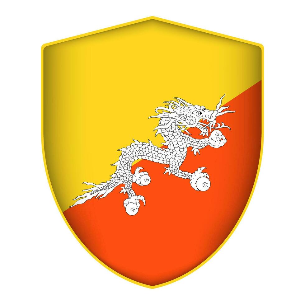 Bhutan flag in shield shape. Vector illustration.
