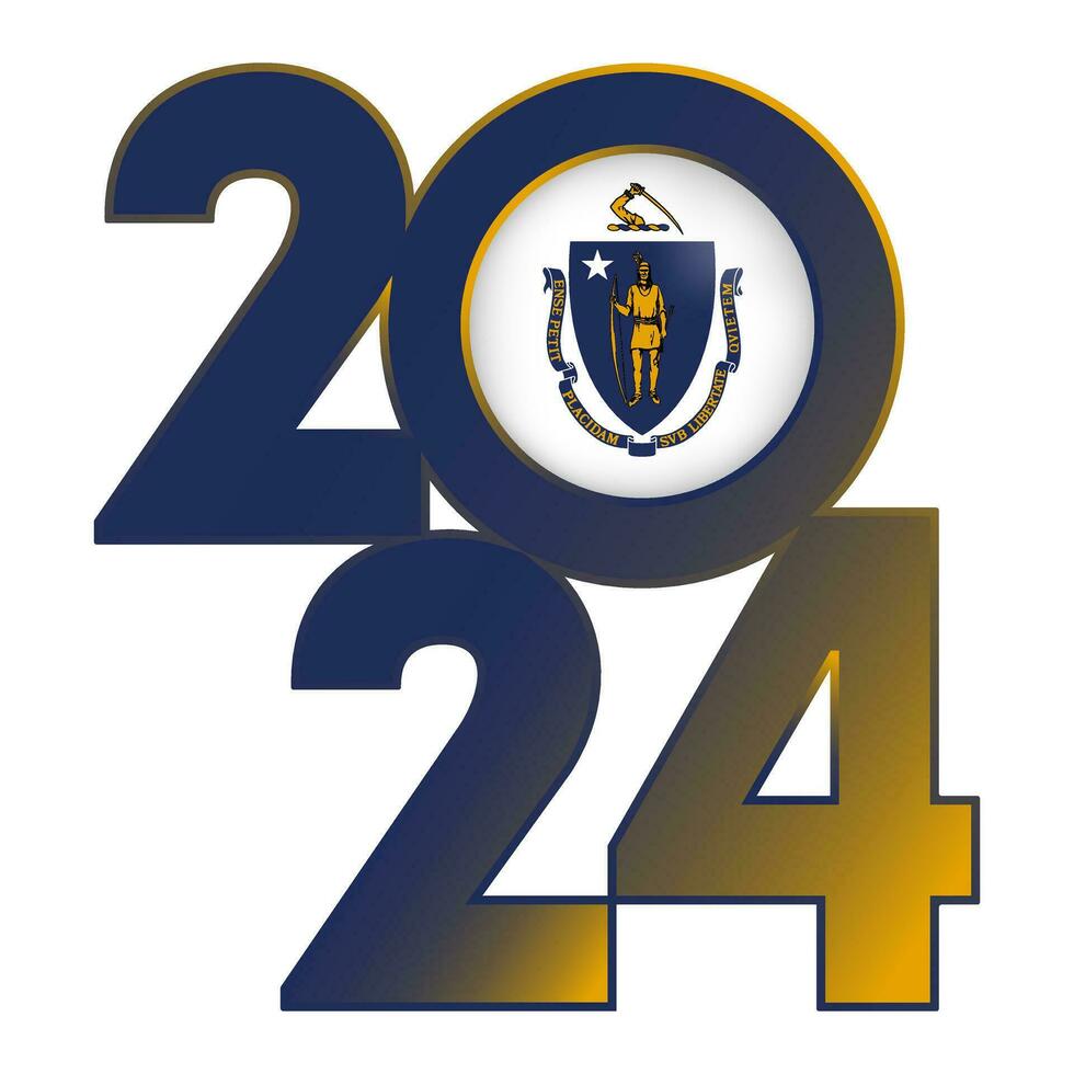 2024 banner with Massachusetts state flag inside. Vector illustration.
