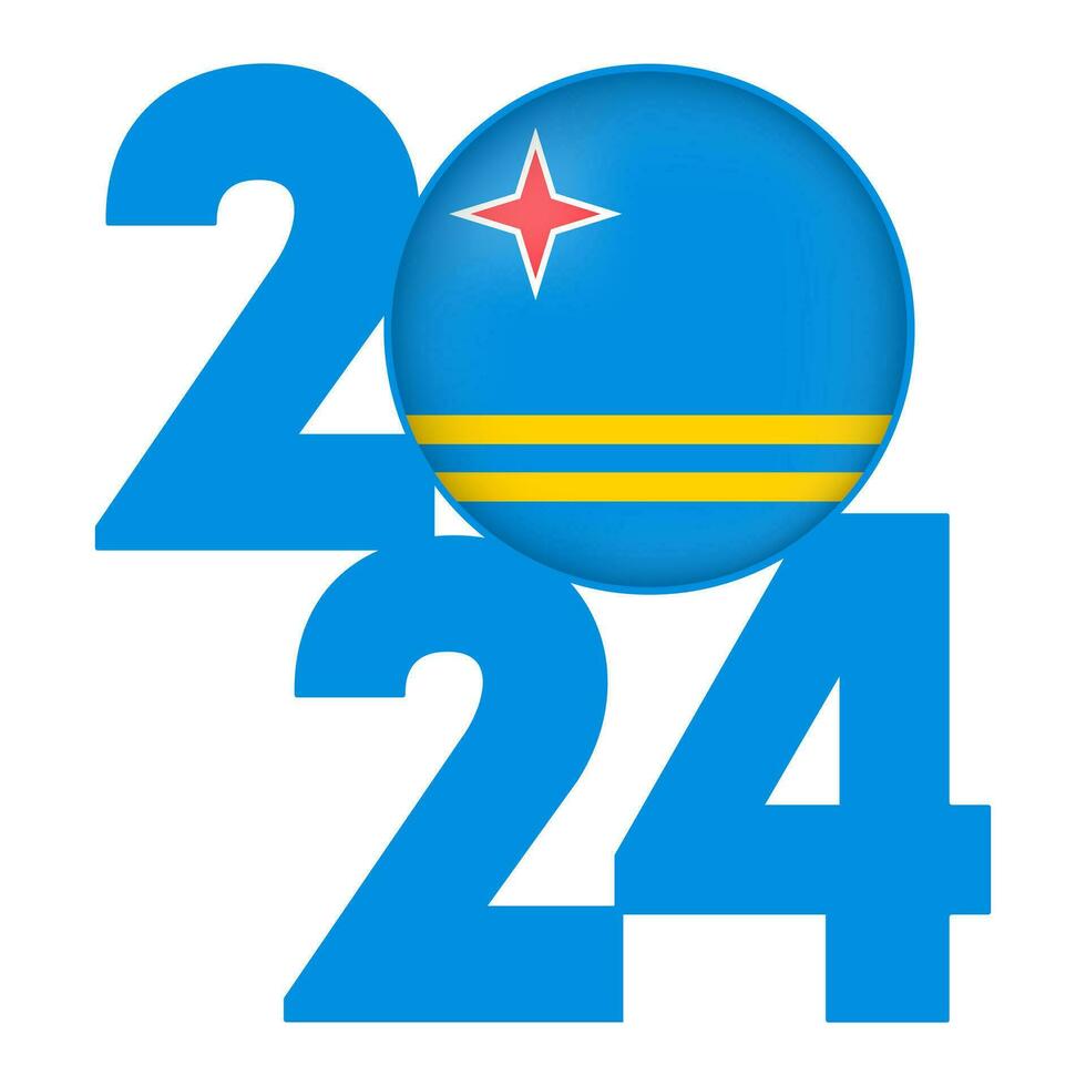 Happy New Year 2024 banner with Aruba flag inside. Vector illustration.