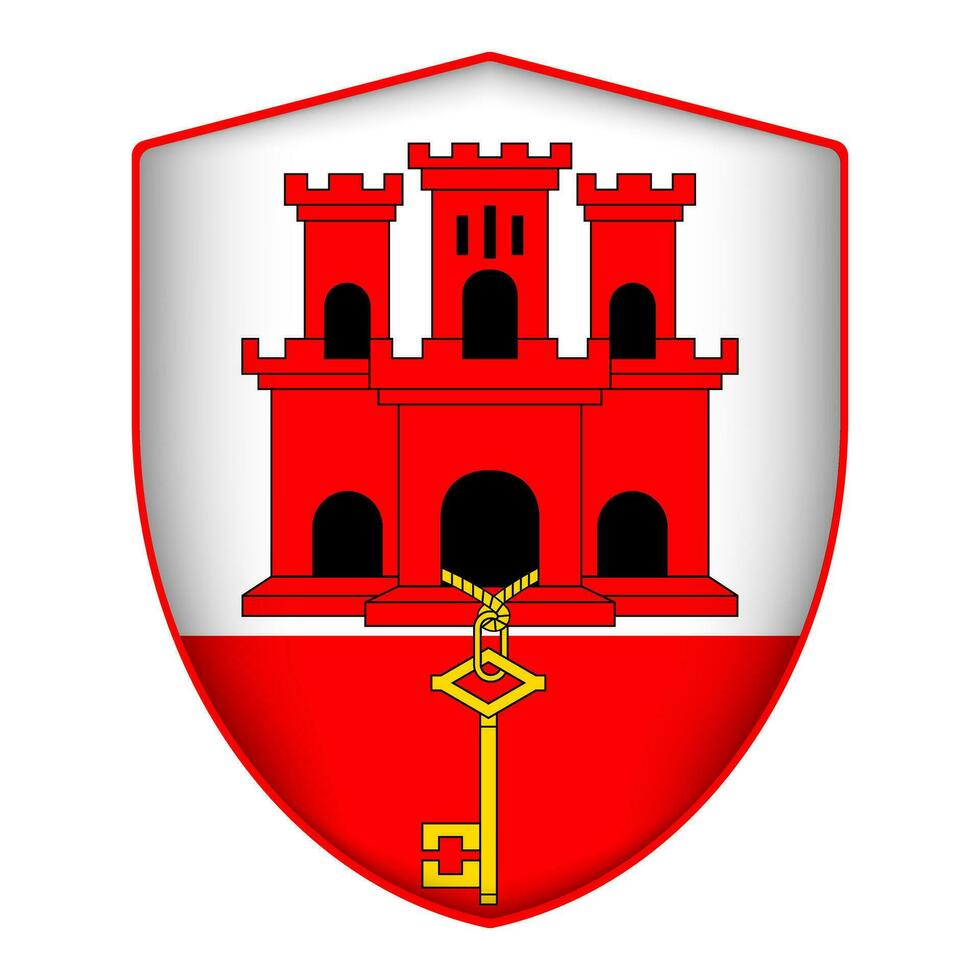 Gibraltar flag in shield shape. Vector illustration.
