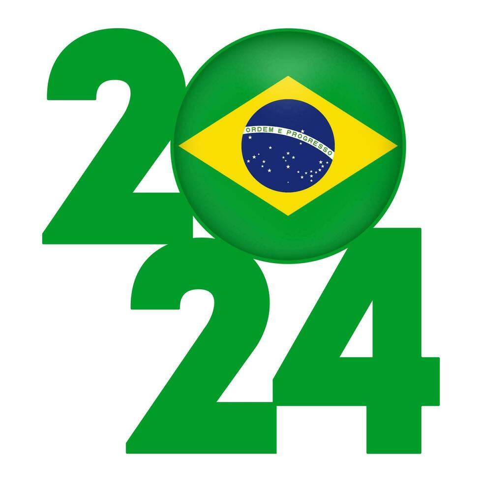 Happy New Year 2024 banner with Brazil flag inside. Vector illustration.