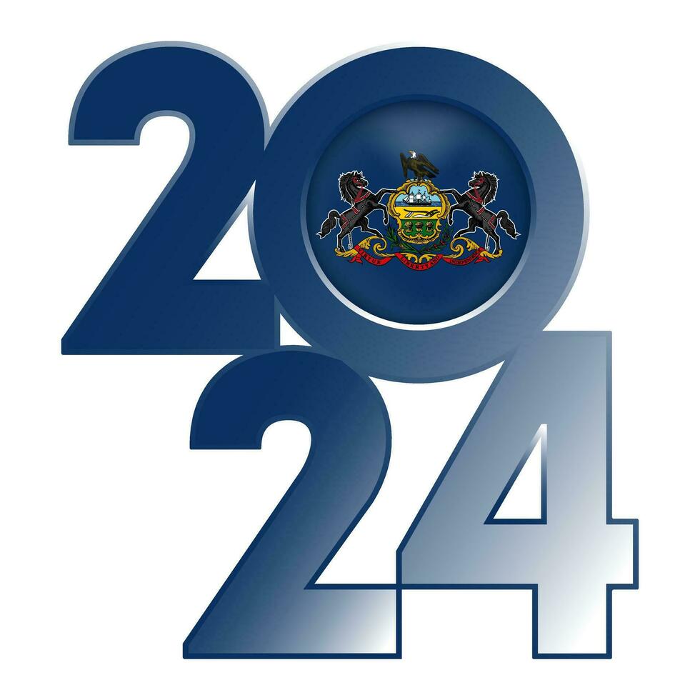 2024 banner with Pennsylvania state flag inside. Vector illustration.