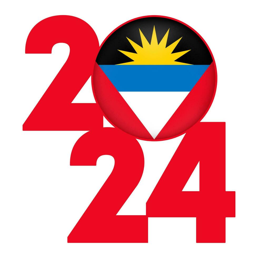 Happy New Year 2024 banner with Antigua and Barbuda flag inside. Vector illustration.