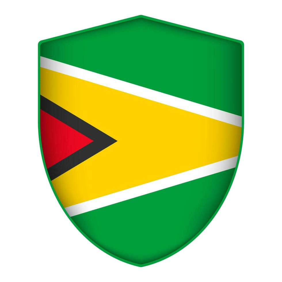 Guyana flag in shield shape. Vector illustration.