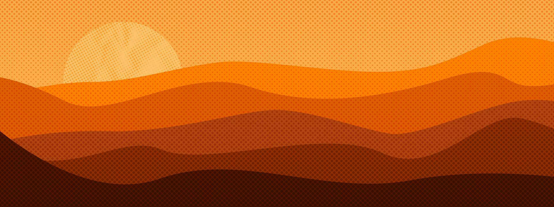 Wide Desert Sunset Landscape Color Halftone Dot Textured Vector Banner Illustration