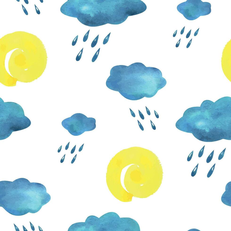 Blue, turquoise clouds with raindrops and yellow spiral sun. Watercolor illustration hand drawn in children's style for posters, cards, stickers. Seamless pattern on a white background. vector