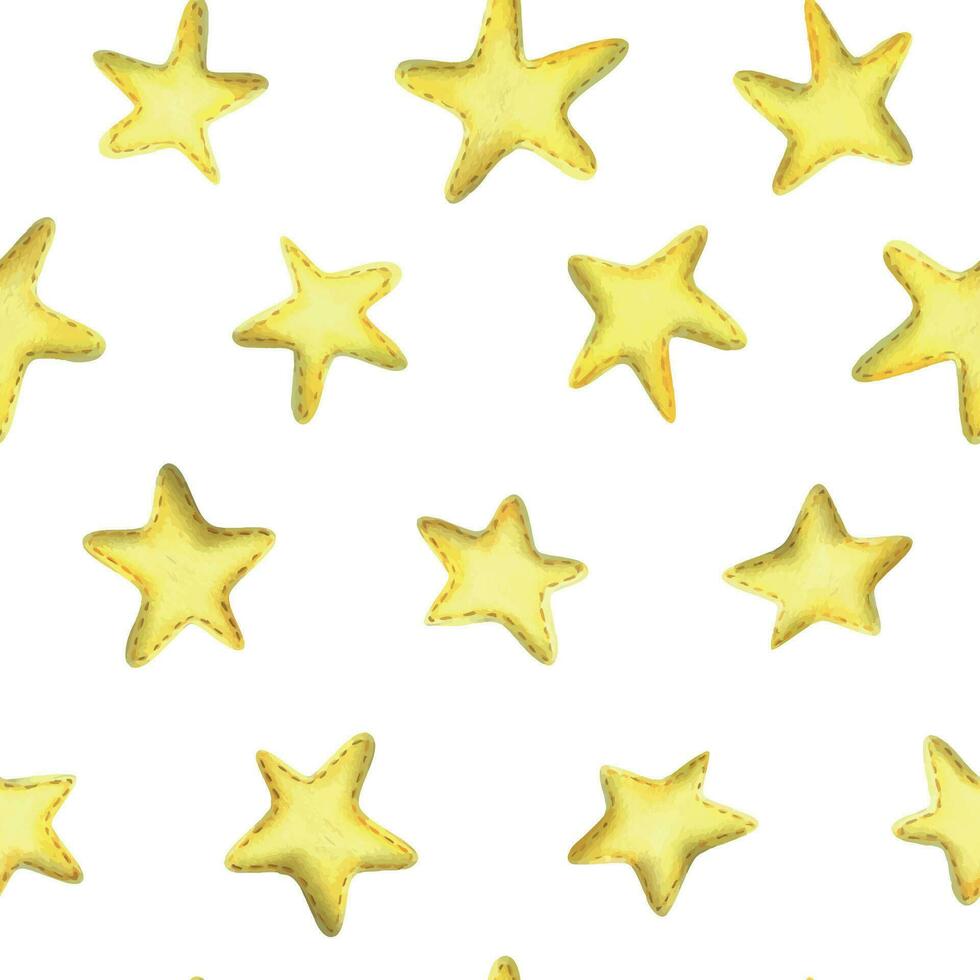 Yellow stars sewn from fabric with thread stitches. Watercolor illustration, hand drawn. Seamless pattern on a white background. vector