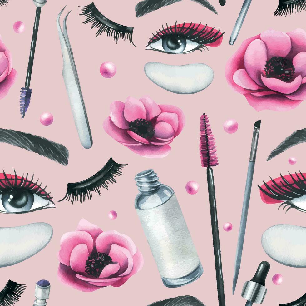 Cosmetics and brushes for eyes and eyebrows, tubes with pink anemone flowers. Watercolor illustration hand drawn. Seamless pattern on a pink background. For eyelash extension and lamination vector
