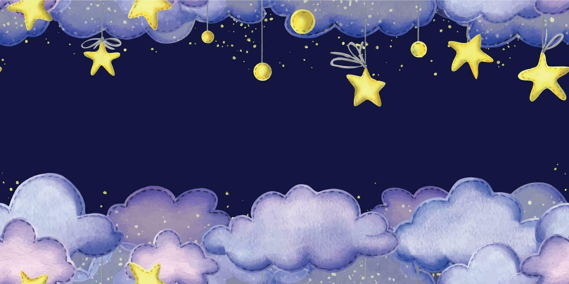 Night sky with a yellow suspended stars and clouds sewn from fabric with thread stitches. Children s hand drawn watercolor illustration. Seamless banner, template on a dark blue background vector