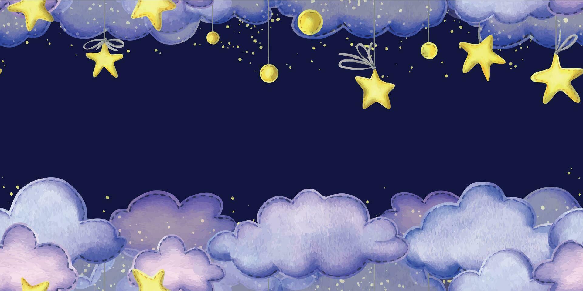 noche cielo con un amarillo suspendido estrellas y nubes cosido desde tela con hilo puntadas niños s mano dibujado acuarela ilustración. sin costura bandera, modelo en un oscuro azul antecedentes vector