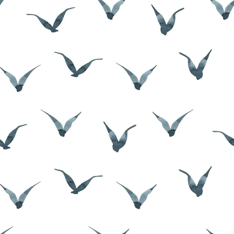 Gray silhouettes of flying gulls are abstract. Watercolor illustration drawn by hand in a children's simple style. Seamless pattern on a white background. vector