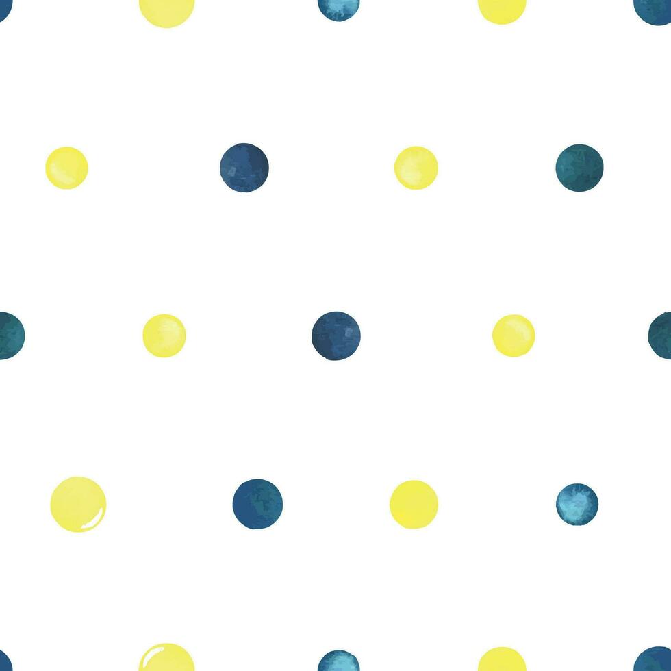 Bright turquoise, blue and yellow dots. Watercolor illustration hand drawn in a children's simple style. Seamless pattern on a white background. vector