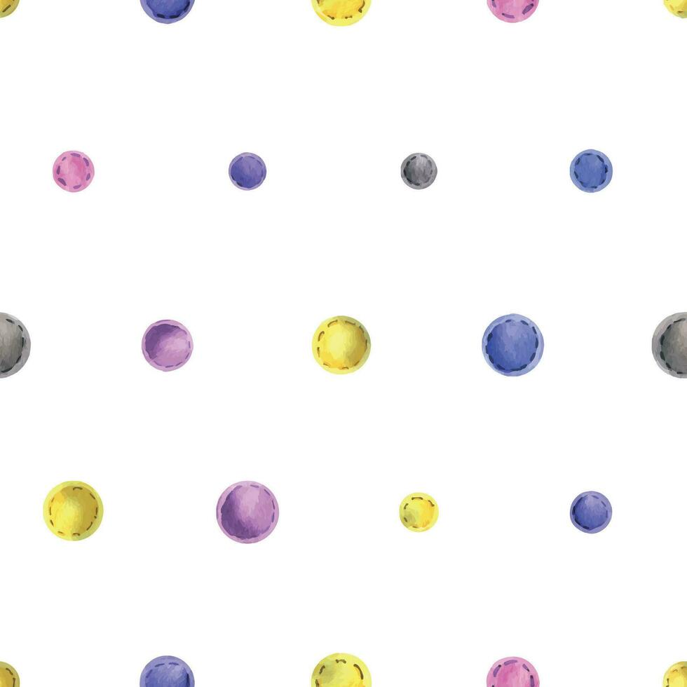 Beads sewn from felt fabric, different colors of yellow, blue, gray, pink with thread stitches. Watercolor illustration, hand drawn. Seamless pattern on a white background. vector