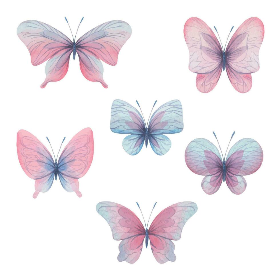 Butterflies are pink, blue, lilac, flying, delicate with wings and splashes of paint. Hand drawn watercolor illustration. Set of isolated elements on a white background, for design vector