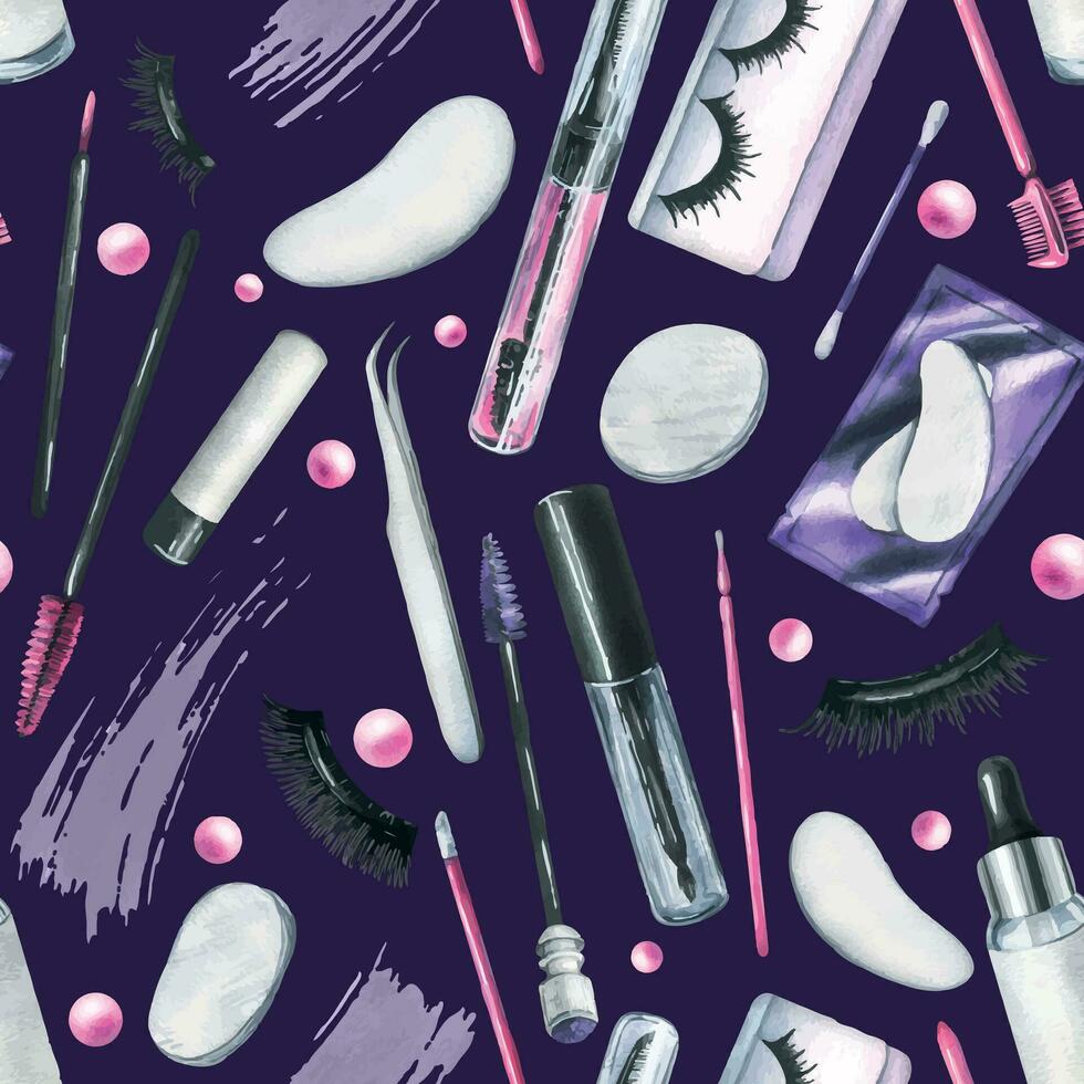 decorativo y personal cuidado productos cosméticos en negro y rosa, frascos, cepillos, manchas mano dibujado acuarela ilustración. sin costura modelo en un oscuro púrpura antecedentes para el belleza industria, diseño. vector