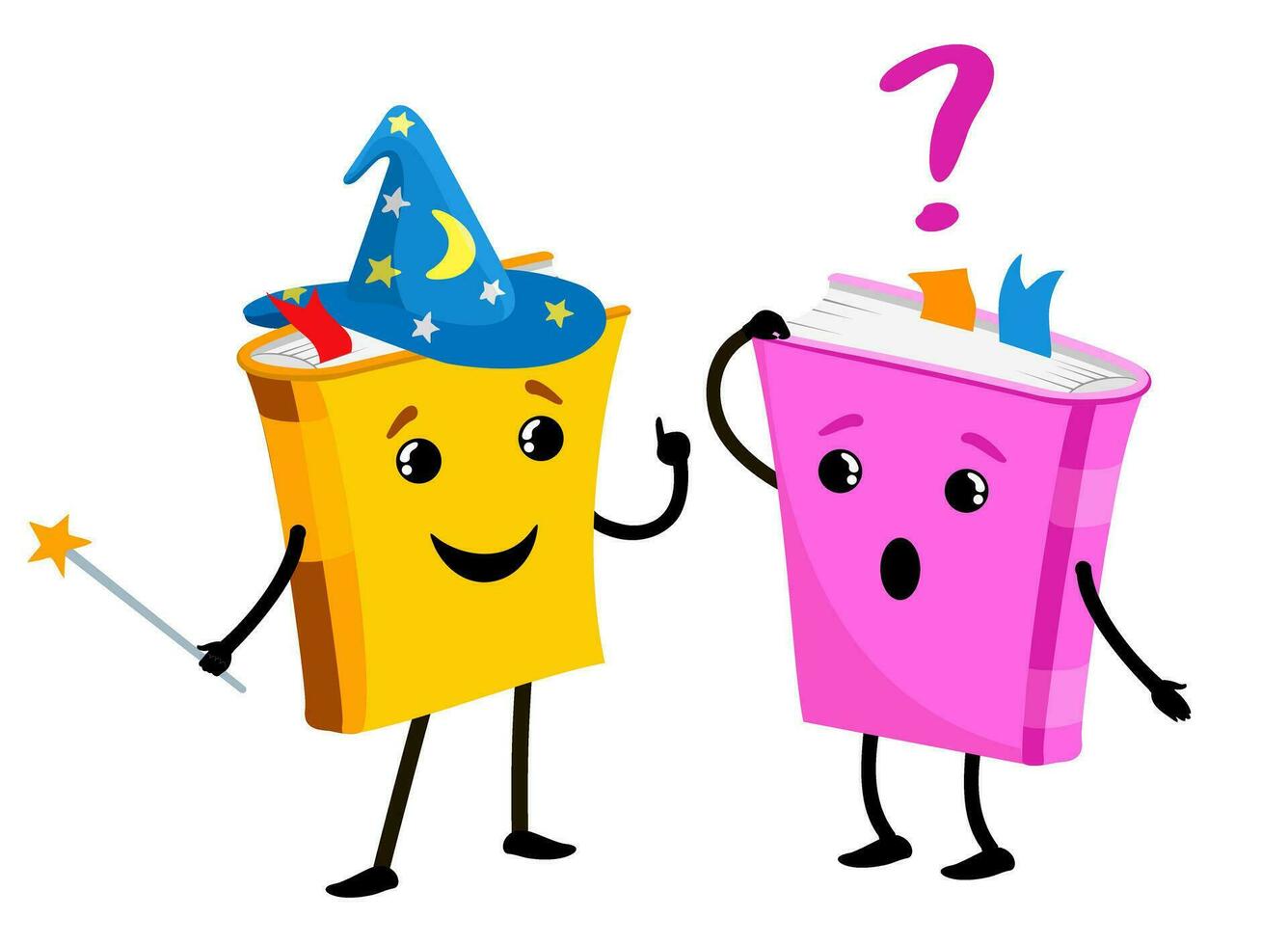 Cute book character. Books talk to each other. ook characters, mascots, cartoon vector. Childish books with smiling faces, arms and legs, education concept. vector