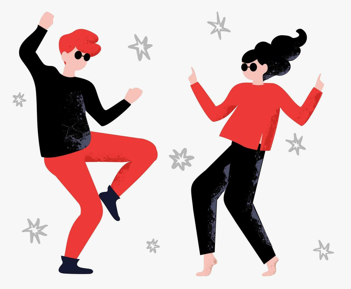 Couple of energetic and cheerful man and woman having fun and dancing. Flat color faceless characters vector