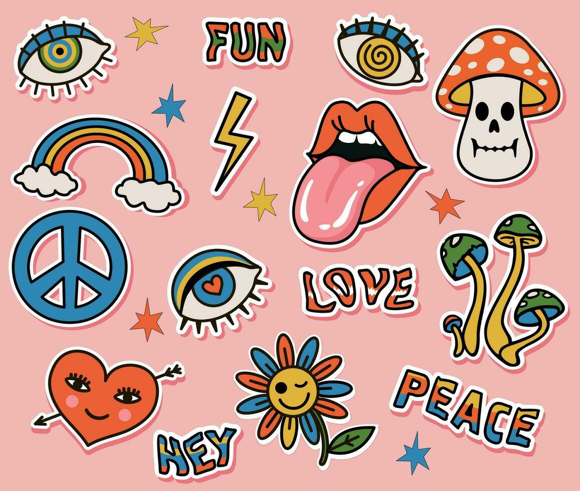 Set of hipster retro cool psychedelic elements. Vector Funny cartoon flower, rainbow, peace, Love, heart, daisy, mushroom etc