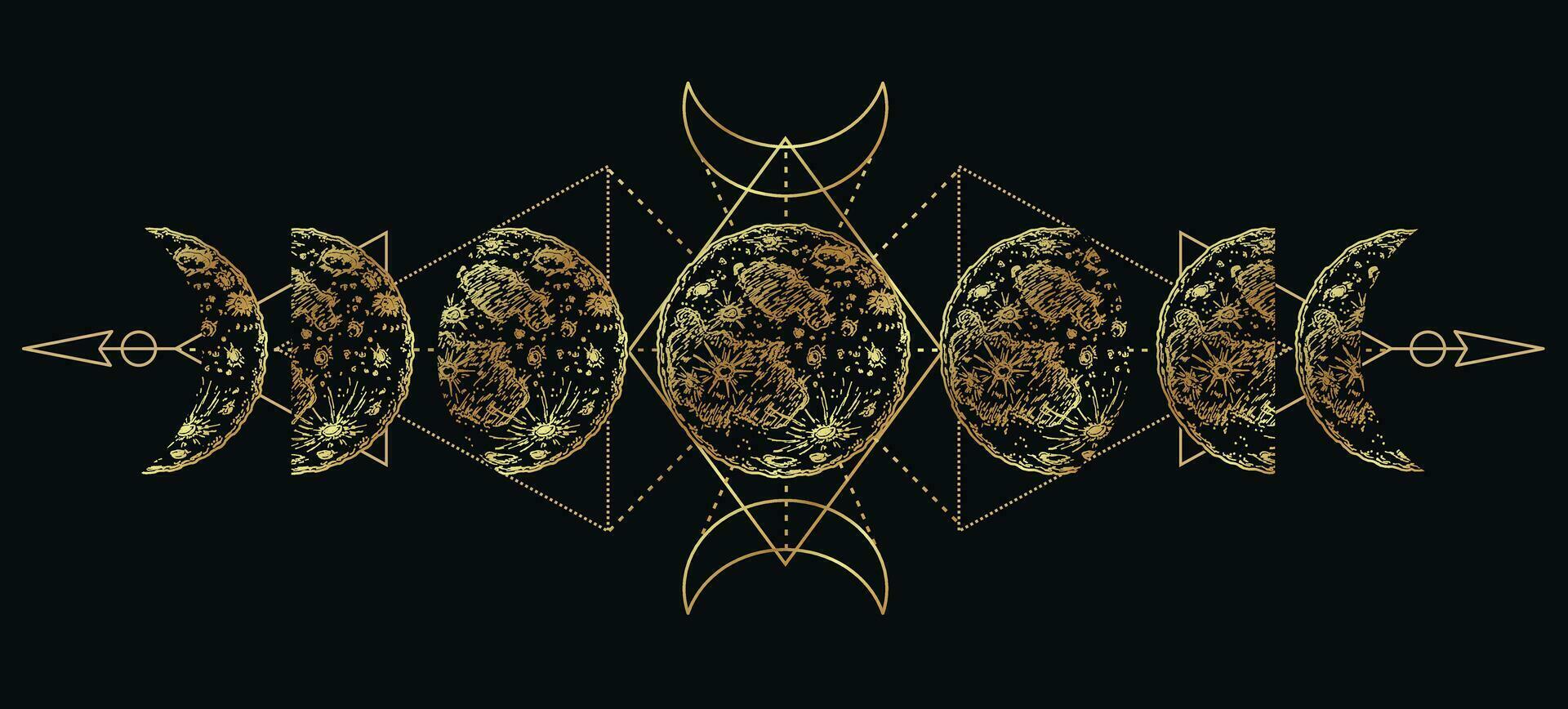 Moon phases. Moon magic. Mysterious moonlight activity stages. Sacred geometry moon, magic astrology symbols, phases of moon. Mystic lunar phases for tattoo drawing. Sketch vector