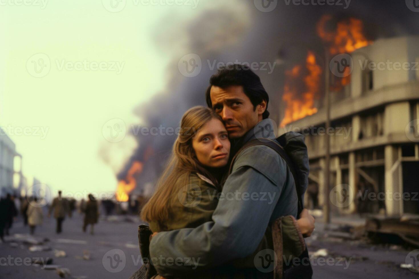 AI GENERATED. Passionate couple embracing in fiery cityscape photo
