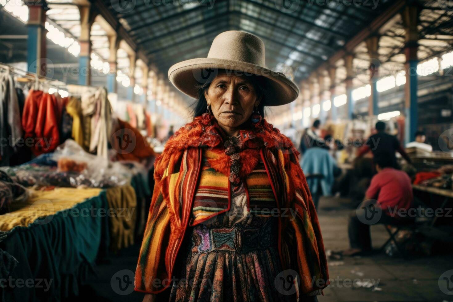 AI GENERATED. Bolivian Cholita on a market photo