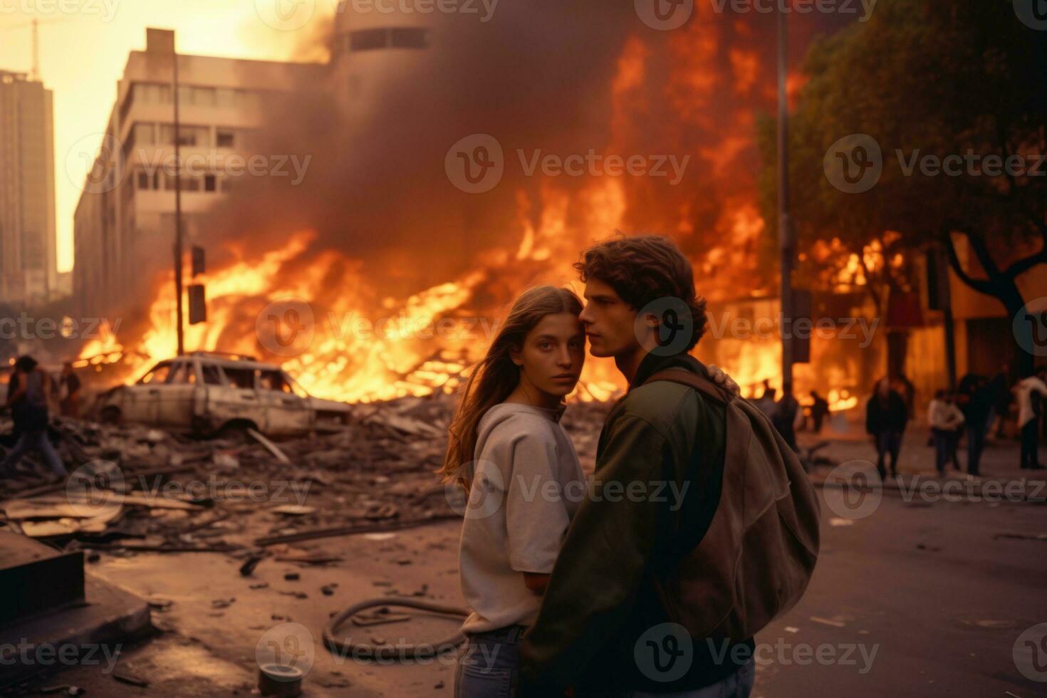 AI GENERATED. City blaze. A fiery connection between individuals in urban society photo