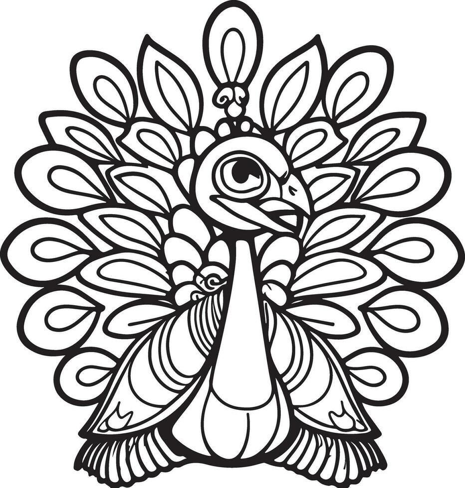 Cute peacock in black and white for coloring book vector