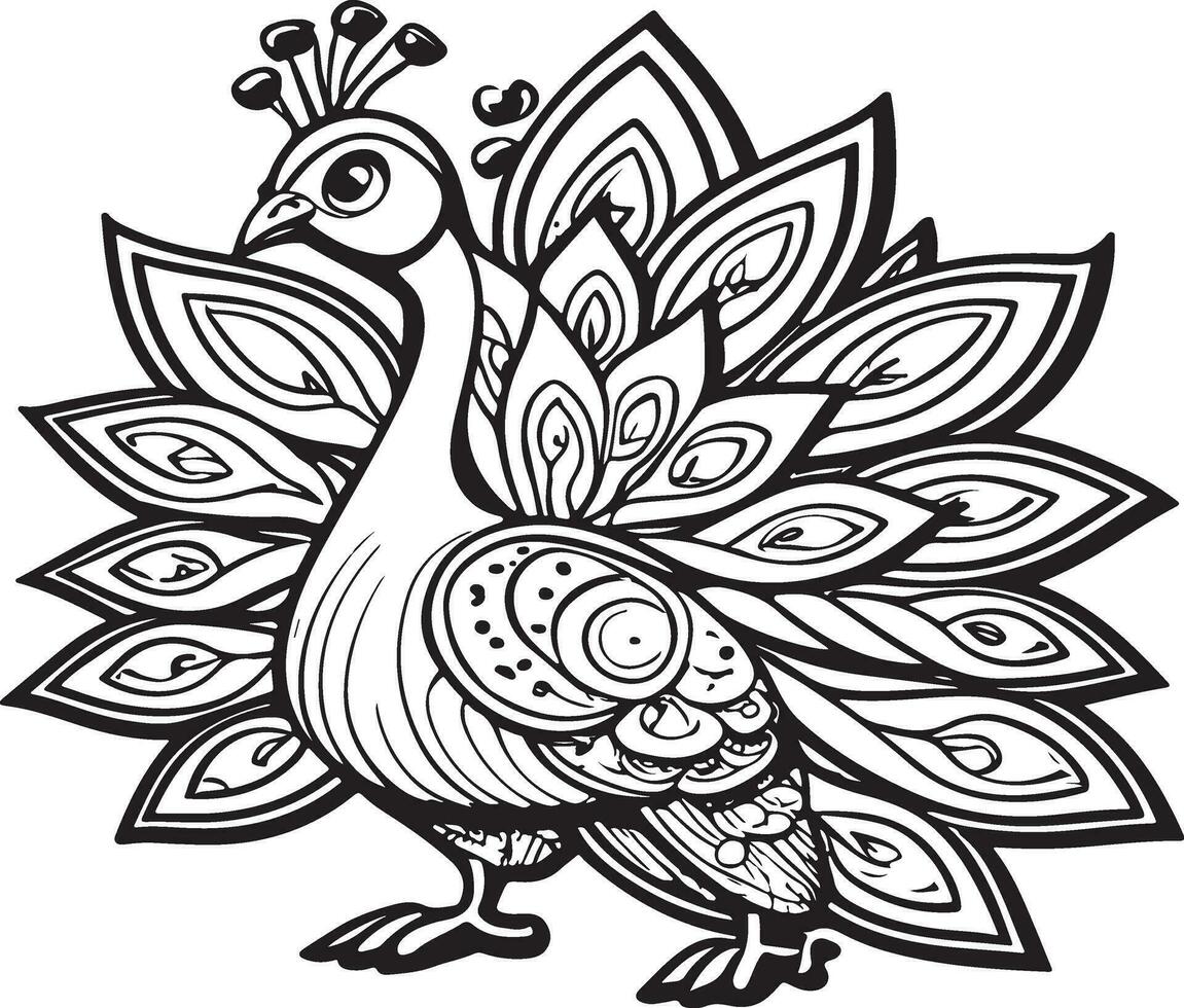 Cute peacock in black and white for coloring book vector