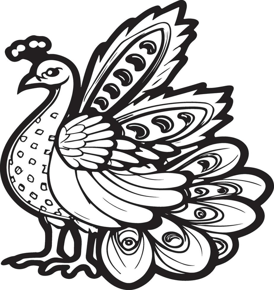 linda pavo real en negro y blanco para colorante libro vector