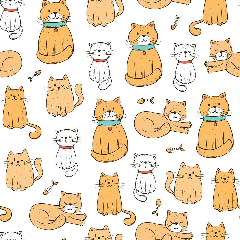 cats seamless pattern with doodle pets on white background for wallpaper, prints, cards, textile, banners, pet shop decor, veterenary, etc. EPS 10 vector