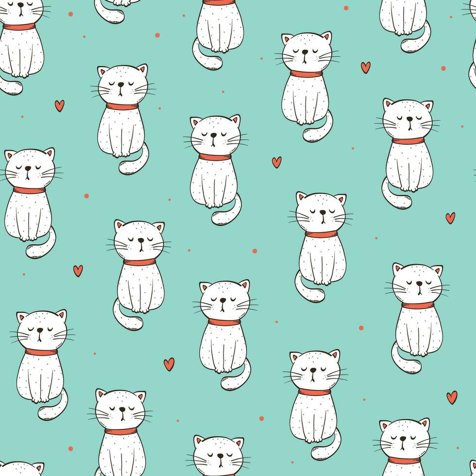 Cats seamless pattern. Hand drawn white cats on light blue background for wallpaper, pet shop decor, textile prints, wrapping paper, etc. EPS 10 vector